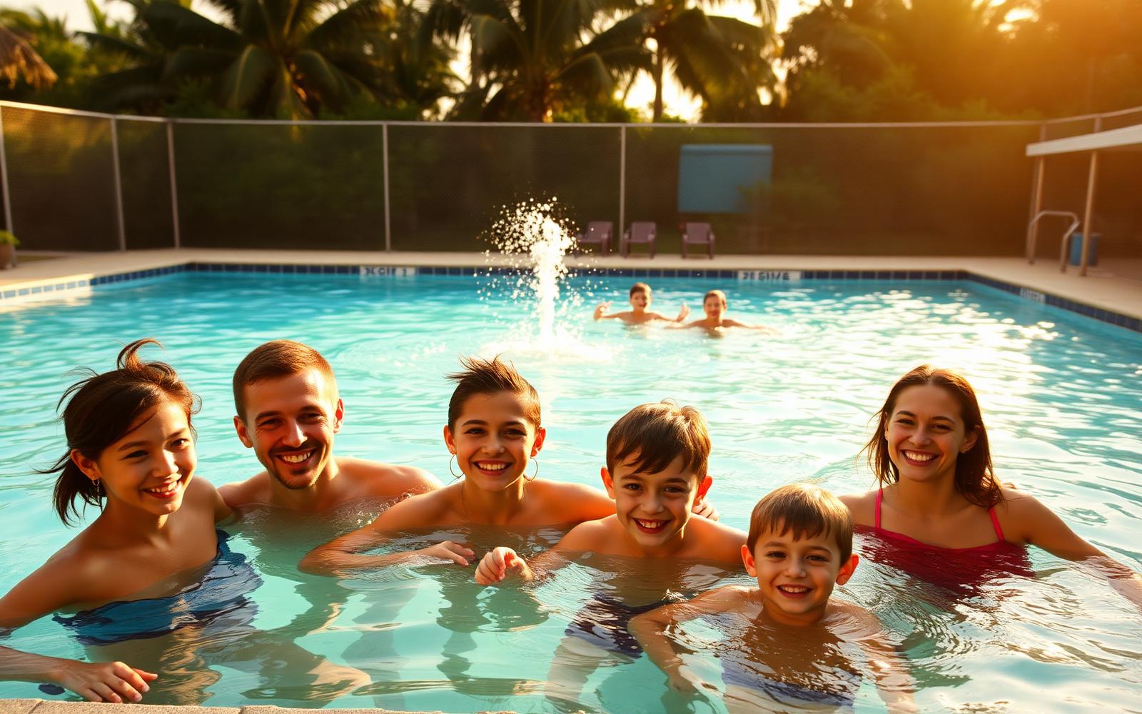 Famílias e crianças aproveitando a piscina de um clube em uma tarde ensolarada
