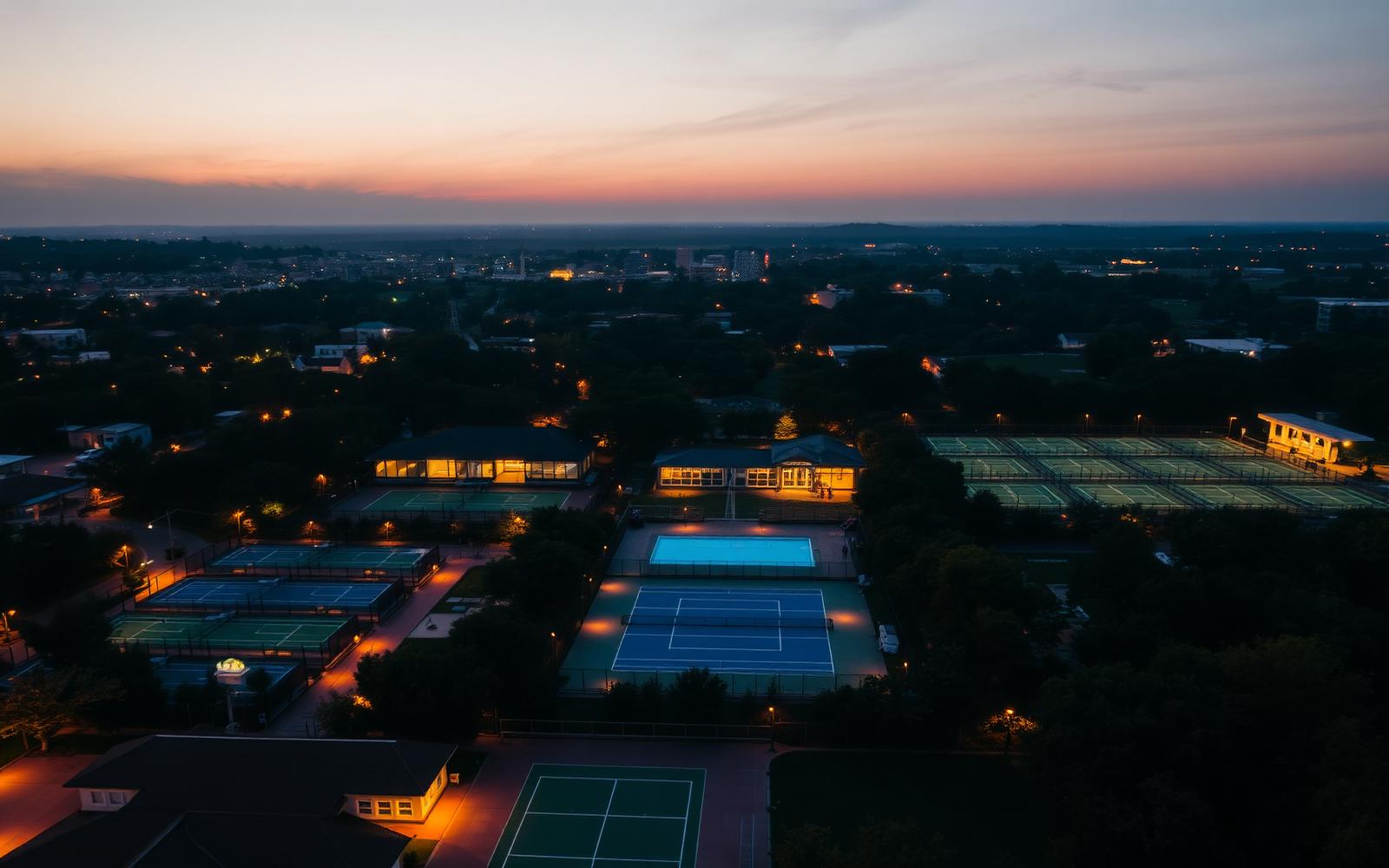 Vista aérea de um clube ao entardecer